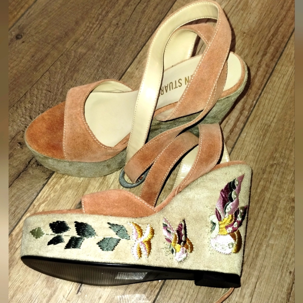 Colin Stuart Cognac Suede Embroidered Platform Wedges